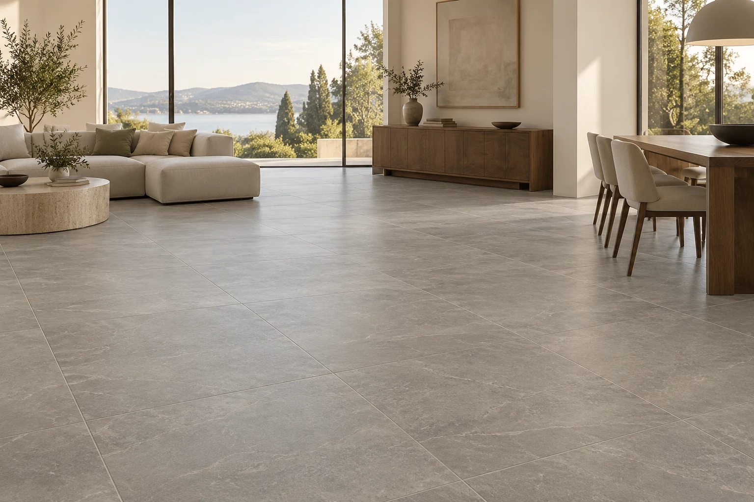 Design illustration of a contemporary open-plan room with large rectangular porcelain floor tiles and an aligned joint pattern