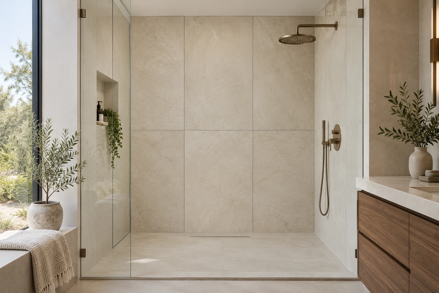 Design illustration of a light-filled shower with large-format porcelain tiles and a visible joint layout