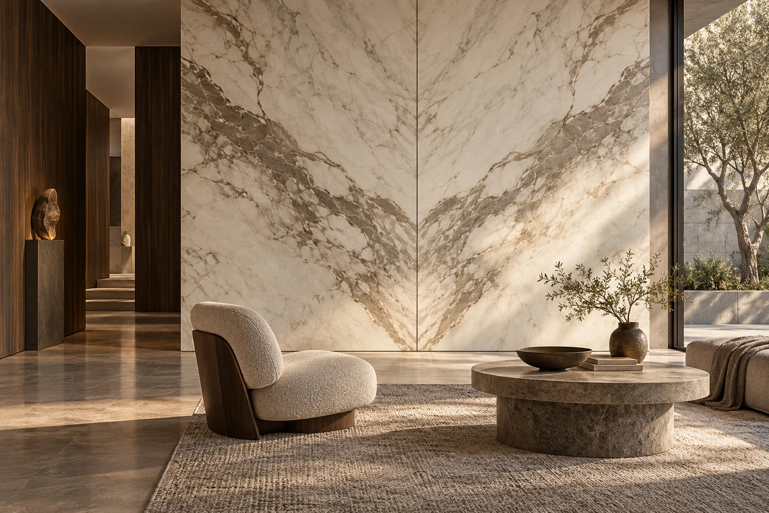 Design illustration of a living space with bookmatched porcelain feature-wall panels