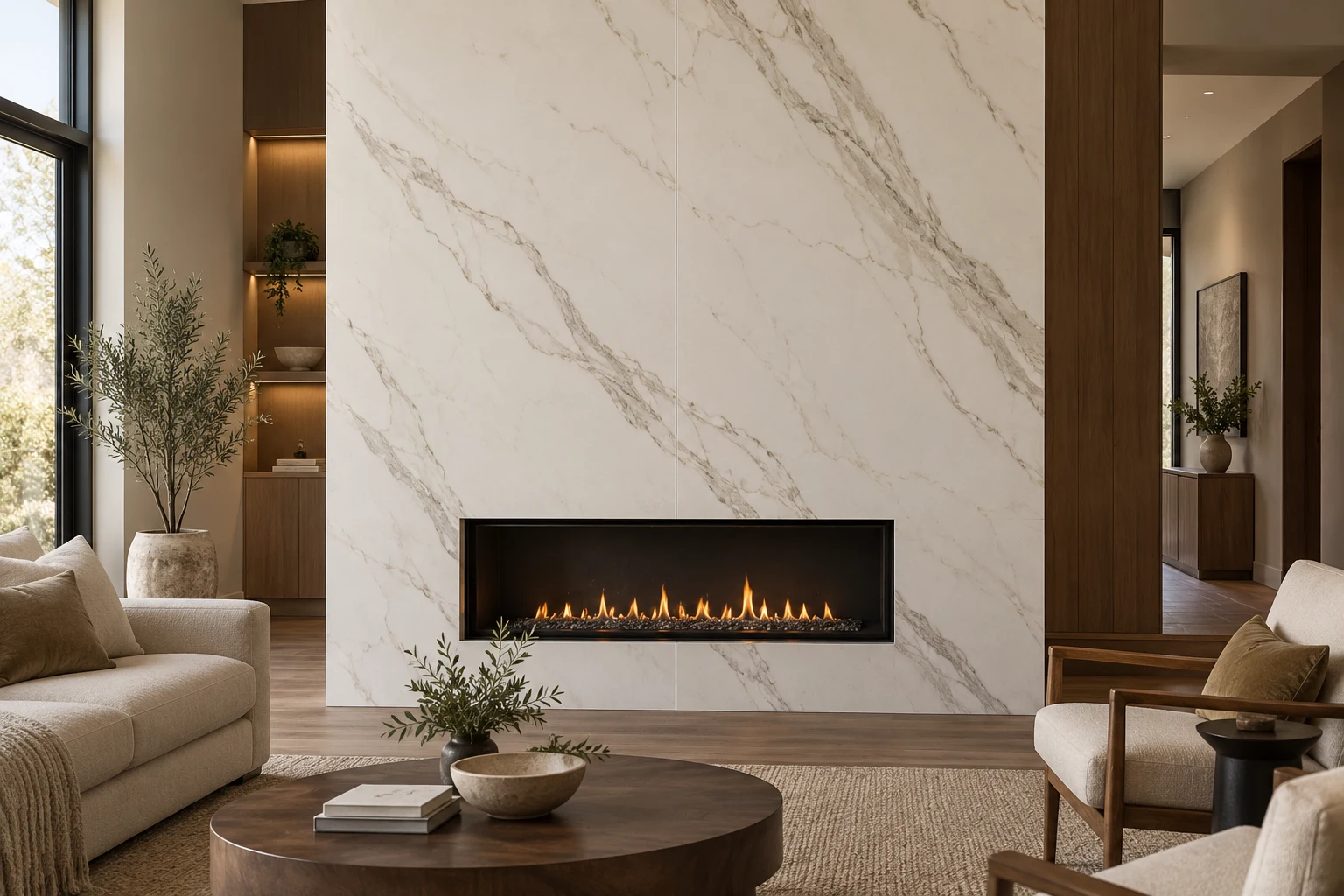 Design illustration of a floor-to-ceiling porcelain fireplace surround in a warmly furnished living room