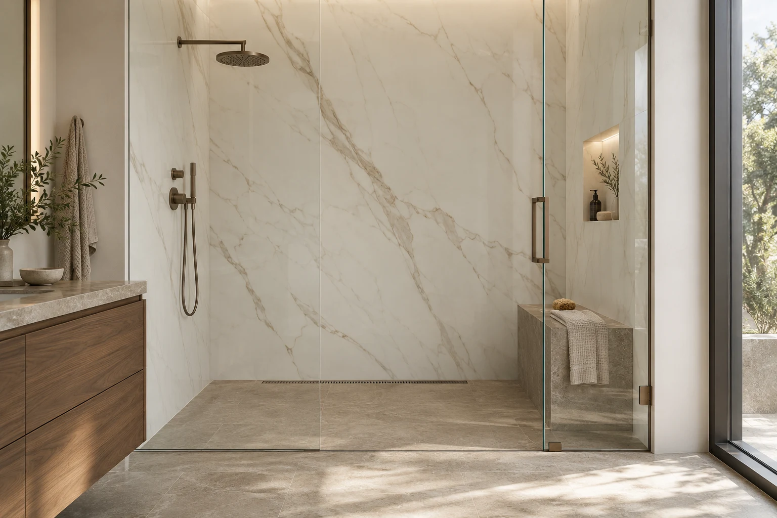 Design illustration of a shower with full-height marble-look porcelain panels and a frameless glass enclosure